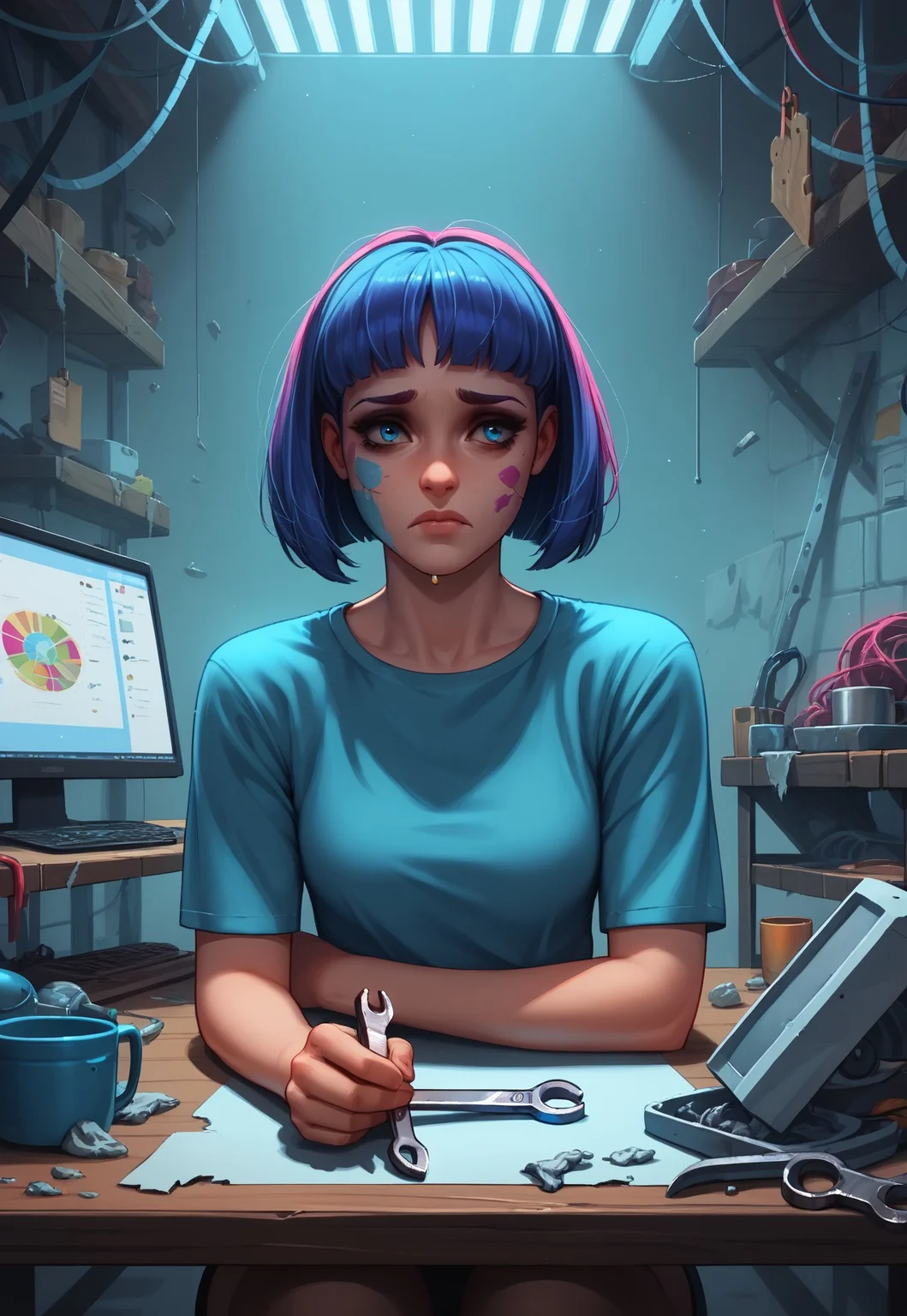 score_9, score_8_up, score_7_up, sad robot, sitting at a table, holding a wrench
BREAK,
smashed computer, parts everywhere, despondent, colorful, creative, dynamic lighting, deep shadows, machine parts