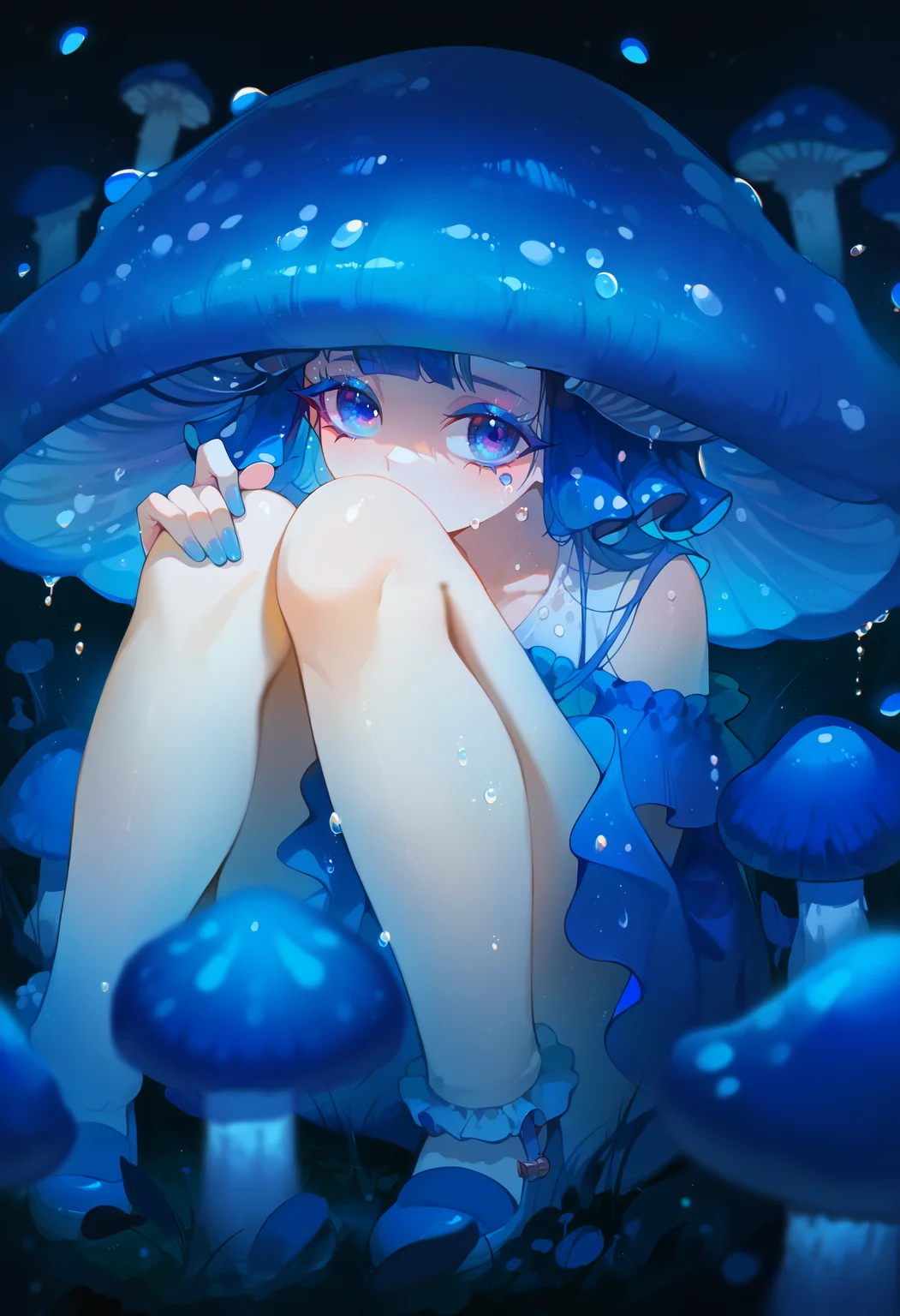 score_9, score_8_up, score_7_up, score_6_up, source anime,
mushroom girl, 1girl, bare shoulders, blue theme, blue nails, jirai kei, colored eyelashes,
blue eyes, looking at viewer, closed mouth,
collarbone, facing viewer, light particles, mushroom, mushroom hat, personification, solo,
close-up, knees up, mary janes,
mycena subcyanocephalar, night, depth of field, scenery, nature, blue mushroom, droplets, dew drop
<lora:monmusu_plant_girl_v13:1>