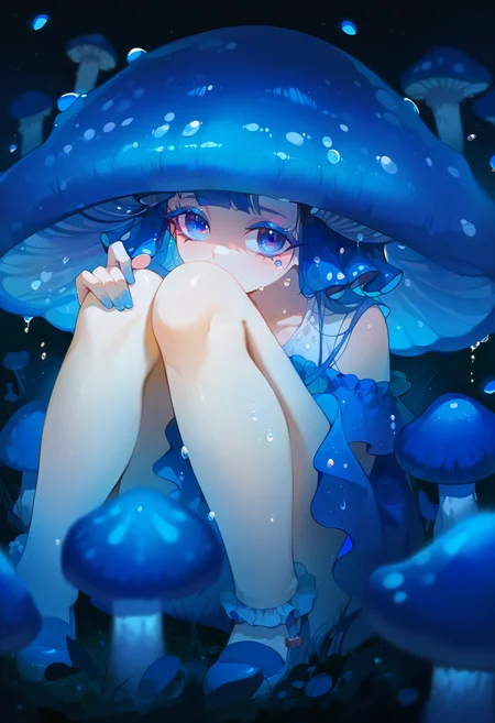 score_9, score_8_up, score_7_up, score_6_up, source anime,
mushroom girl, 1girl, bare shoulders, blue theme, blue nails, jirai kei, colored eyelashes,
blue eyes, looking at viewer, closed mouth,
collarbone, facing viewer, light particles, mushroom, mushroom hat, personification, solo,
close-up, knees up, mary janes,
mycena subcyanocephalar, night, depth of field, scenery, nature, blue mushroom, droplets, dew drop
<lora:monmusu_plant_girl_v13:1>
