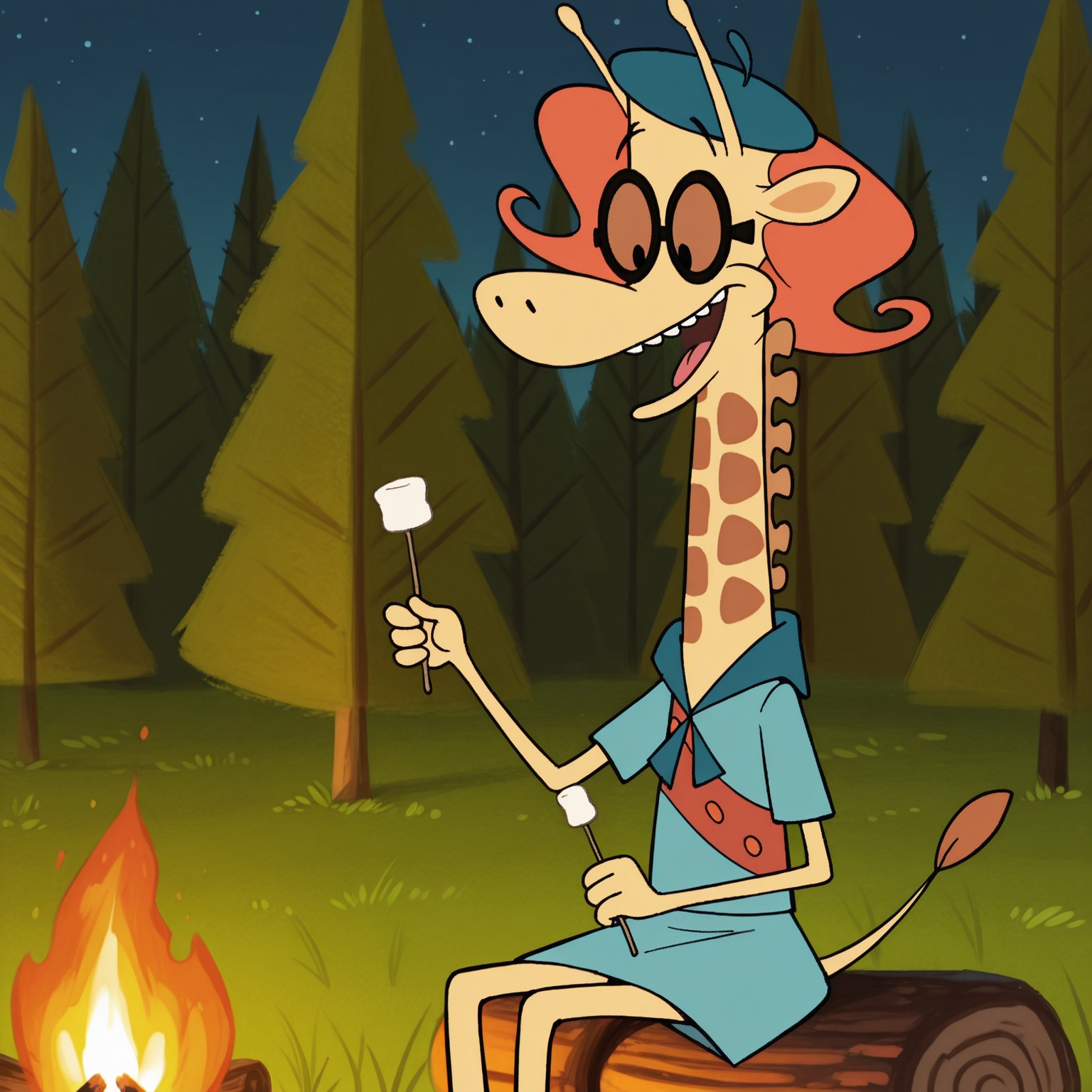 8k, uncensored, masterpiece, best quality, highly detailed, realistic, 1girl, solo, NinaCL, furry, anthro, female furry, giraffe, orange hair, black glasses, brown lens, black eyes, black eyebrows, thin eyebrows, yellow body, brown spots, skinny arms, skinny legs, tail, smile, tongue, teeth, open mouth, dark-blue beret, blue topwear, scout outfit, (looking down, sitting, grass,, forest, trees, front view, night sky, (campfire), marshmallow, (holding stick, marshmallow stick, cooking marshmallow) detailed background, flat chested, (4 fingers, blue skirt, feet out of frame