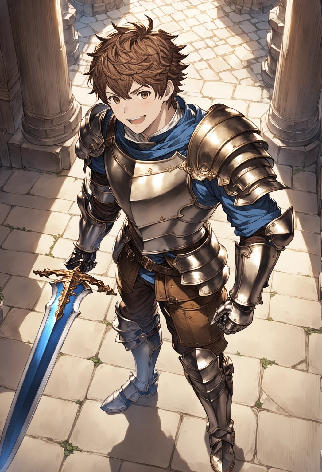 granblue, 1boy, gran_\(granblue_fantasy\), :d, breastplate, armored_boots, brown_eyes, brown_hair, brown_pants, full_body, gauntlets, greaves, holding_sword, male_focus, open_mouth, short_hair, smile,
shaded face, intricate detail, cinematic lighting, amazing quality, amazing shading, detailed Illustration, official artwork, wallpaper, extremely detailed eyes and face, beautiful detailed eyes, ((masterpiece, best quality)),
from above,
<lora:granblue_fantasy_style_xl:0.8>