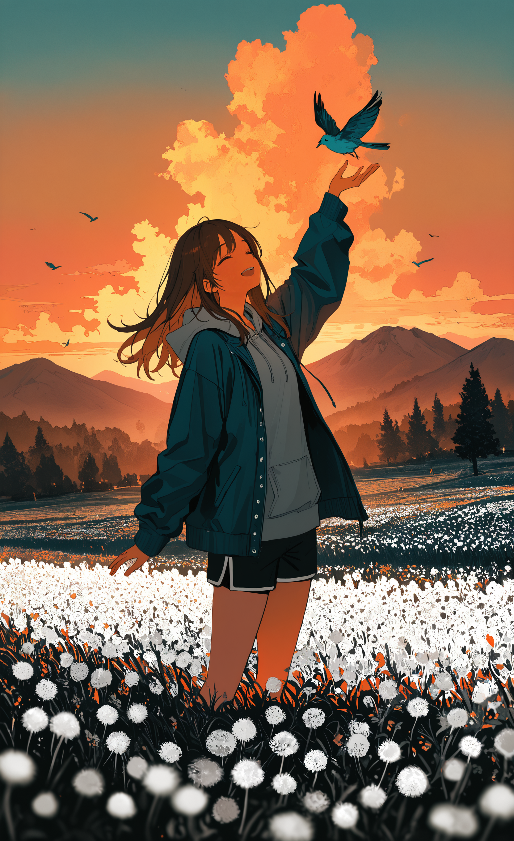 masterpiece, best quality, good quality, very awa, newest, highres, absurdres,1girl, solo, long hair, smile, open mouth, brown hair, long sleeves, standing, jacket, closed eyes, flower, outdoors, open clothes, sky, shorts, cloud, hood, blurry, open jacket, tree, hoodie, blurry background, depth of field, bird, hood down, white flower, grass, scenery, sunset, blurry foreground, field, blue hoodie, flower field, mountainous horizon, evening, grey hoodie, orange sky, dandelion, limited palette, <lora:illustriousXL_stabilizer_v1.23:0.3> <lora:NOOB_vp1_detailer_by_volnovik_v1:0.3> <lora:ponyv6_noobE11_2_adamW-000017:0.3> <lora:114558v4df2fsdf5:0.6> <lora:XXX667:0.4> <lora:mon_monmon2133:0.5>