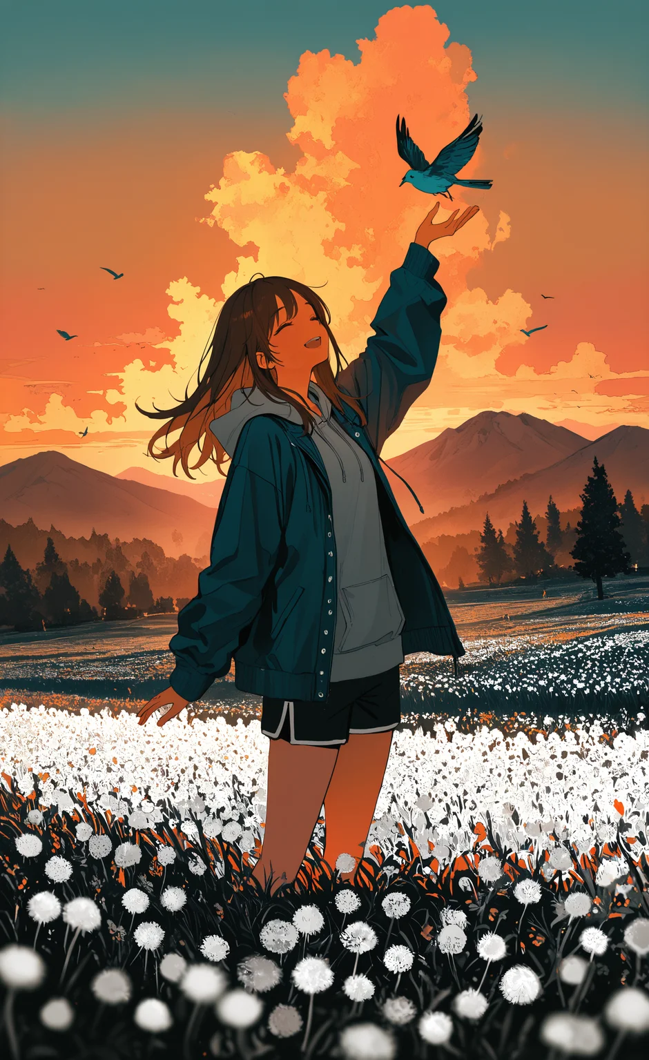 masterpiece, best quality, good quality, very awa, newest, highres, absurdres,1girl, solo, long hair, smile, open mouth, brown hair, long sleeves, standing, jacket, closed eyes, flower, outdoors, open clothes, sky, shorts, cloud, hood, blurry, open jacket, tree, hoodie, blurry background, depth of field, bird, hood down, white flower, grass, scenery, sunset, blurry foreground, field, blue hoodie, flower field, mountainous horizon, evening, grey hoodie, orange sky, dandelion, limited palette, <lora:illustriousXL_stabilizer_v1.23:0.3> <lora:NOOB_vp1_detailer_by_volnovik_v1:0.3> <lora:ponyv6_noobE11_2_adamW-000017:0.3> <lora:114558v4df2fsdf5:0.6> <lora:XXX667:0.4> <lora:mon_monmon2133:0.5>