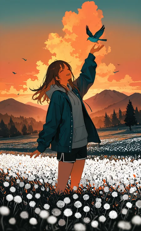 masterpiece, best quality, good quality, very awa, newest, highres, absurdres,1girl, solo, long hair, smile, open mouth, brown hair, long sleeves, standing, jacket, closed eyes, flower, outdoors, open clothes, sky, shorts, cloud, hood, blurry, open jacket, tree, hoodie, blurry background, depth of field, bird, hood down, white flower, grass, scenery, sunset, blurry foreground, field, blue hoodie, flower field, mountainous horizon, evening, grey hoodie, orange sky, dandelion, limited palette, <lora:illustriousXL_stabilizer_v1.23:0.3> <lora:NOOB_vp1_detailer_by_volnovik_v1:0.3> <lora:ponyv6_noobE11_2_adamW-000017:0.3> <lora:114558v4df2fsdf5:0.6> <lora:XXX667:0.4> <lora:mon_monmon2133:0.5>
