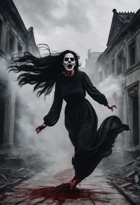 Female ghost, long black dress, flying, floating, long nails, blood, bloody, very long black hair, damaged face, horror feel, building, abandoned building, old building, night, dark, detailed background, scary, cemetery, scary, white smoke,