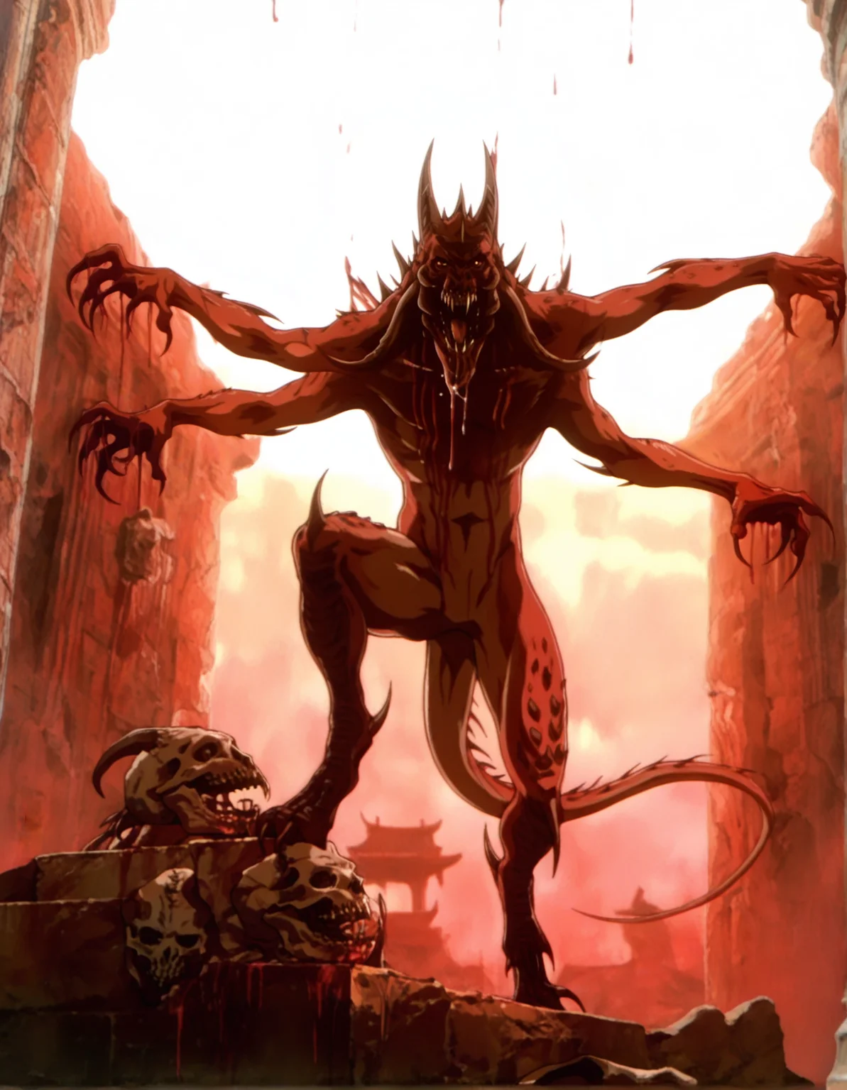 (front view), male, solo, anthro, monster, slayerbg3, 4 arms, teeth, pose, featureless crotch, tail, pupils, standing, screaming, saliva, angry, spread arms, claws, fingers, full-length portrait, blood, temple, bone, skull, BREAK masterpiece, best quality, newest, high quality, very aesthetic, very awa, <lora:slayer_v2:1> <lora:Vampire Hunter D Illustrious:1> 1990s (style), anime screenshot