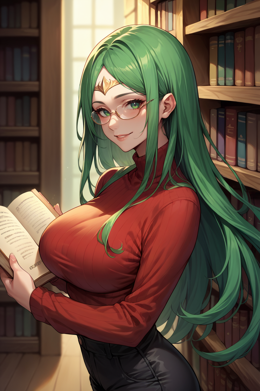 score_9, score_8_up, score_7_up, score_6_up, source_anime, 1girl, solo,  <lora:fenaga-pdxl-nvwls-v1-000005:1> defNa, green hair, long hair, circlet, big breasts, red sweater, turtleneck, glasses, from side, black pants, bookshelf, holding book, smile, looking at you