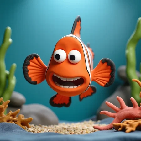 a claymation animation of a clown fish