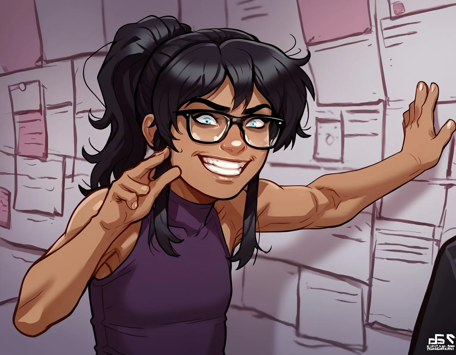 score_9, score_8_up, score_7_up, score_6_up BREAK, incrspersonacutinxl, close-up, 1girl, solo, e4st3r-dh, grin, dark-skinned female, black hair, sidelocks, glasses, blue eyes <lora:Ester_Figueroa_PDXL:0.7> <lora:add-detail-xl:0.5> <lora:pepe_silvia_v1_pruned:1>