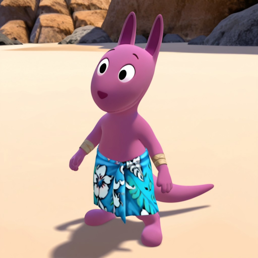 masterpiece, best quality, amazing quality, AustinByil, anthro, male, kangaroo, purple fur, black eyes, blue sarong, bracelets, on the beach,  solo, 1boy,