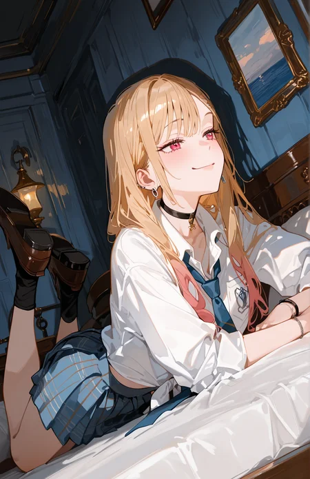 perfect quality,high quality,masterpiece,best quality,amazing quality,very aesthetic,Cinematic Lighting,newest,Tactical use of shadow,
dutch angle,perspective,looking_to_the_side,Relaxed and carefree smile,
MarinKitagawa CYQL,1girl,solo,blonde hair,long hair,multicolored hair,gradient hair,red eyes,jewelry,choker,black choker,earrings,ear piercing,piercing,bracelet,ring,school uniform,long sleeves,necktie,blue necktie,shirt,white shirt,tied shirt,pocket,skirt,pleated skirt,plaid,plaid skirt,blue skirt,socks,black socks,loafers,brown footwear,,
on stomach,arms_up,
Nautical bed frame, Blue and white decor, Anchor wall art, Seashell lamp, Rope accents,
<lora:spo_sdxl_10ep_4k-data_lora_webui:0.5>,<lora:illustrious_all_rated_v1:0.6>,<lora:748cmSDXL:0.8>,748cmstyle,<lora:DarkerThanBlackIllustrious:0.5>,<lora:EtherSDXL:0.5>,EtherStyle,<lora:Kitagawa Marin_Illustrious by Cyql:1>,