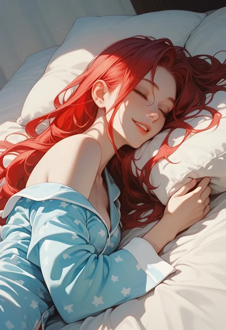 score_9, score_8_up, score_7_up, score_6_up, score_5_up, score_4_up, 1girl, (score_9, score_8_up:1.1),((( long straight hair,1,5))), (red hair:1.2), light blue eyes, slim, small breasts, pale skin, white pale ,shy smile ,HD32k, dynamic pose, aesthetic, perspective, solo, detailed, sensual look,wearing a pajamas , close eyes , sleeping ,on bed , dark light ,side view