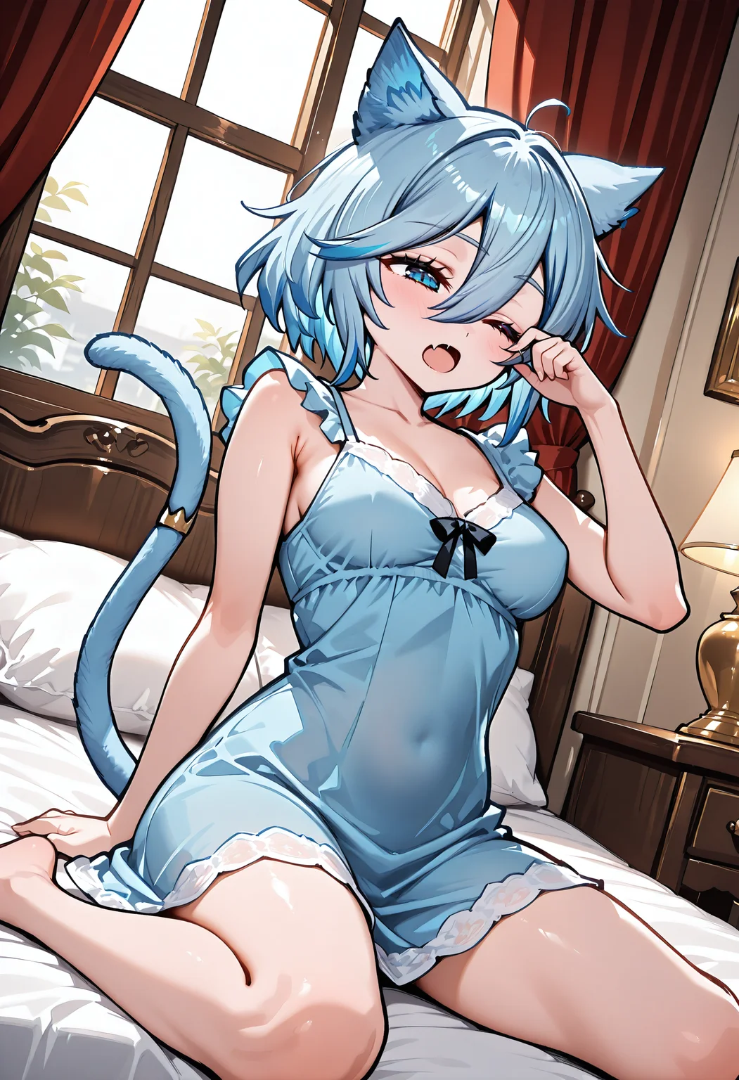 best quality, amazing quality, perfect quality, high quality, masterpiece, absolutely eye-catching
<lora:Training_Regimes_of_the_Worlds_Strongest_Women_-_Ceras_Foschia:1> SaikyouCeras, animal ears, blue eyes, blue hair, short hair, hair between eyes, blue cat tail, tail ornament, medium breasts BREAK
indoors, bedroom, canopy bed, pillows, window, sunbeam, curtains, wind BREAK
1girl, solo, sitting, wariza, on bed, nightgown, yawning, rubbing eyes, dutch angle, from above