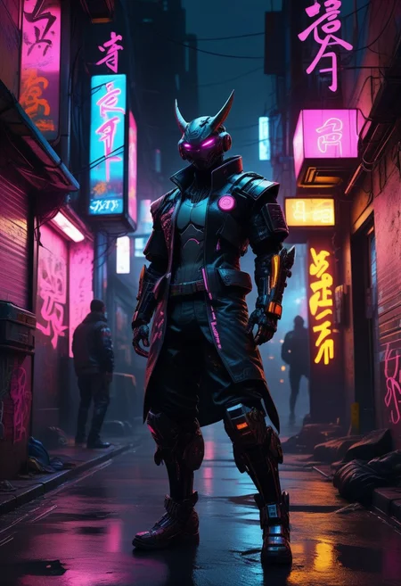 augmented street samurai in a cyberpunk environment, Japanese, tough and battle-hardened expression, cybernetic enhancements visible on arms and legs, dressed in black with neon accents, standing in a dark alleyway with neon signs and graffiti, air filled with the scent of ozone and fried electronics, distant sounds of traffic and electronic music, use of 'high resolution', '8k', 'hyper-detailed', 'cyberpunk', 'dramatic lighting' to highlight the augmentations, 'depth of field' for immersive effect, 'HDR' for high dynamic range