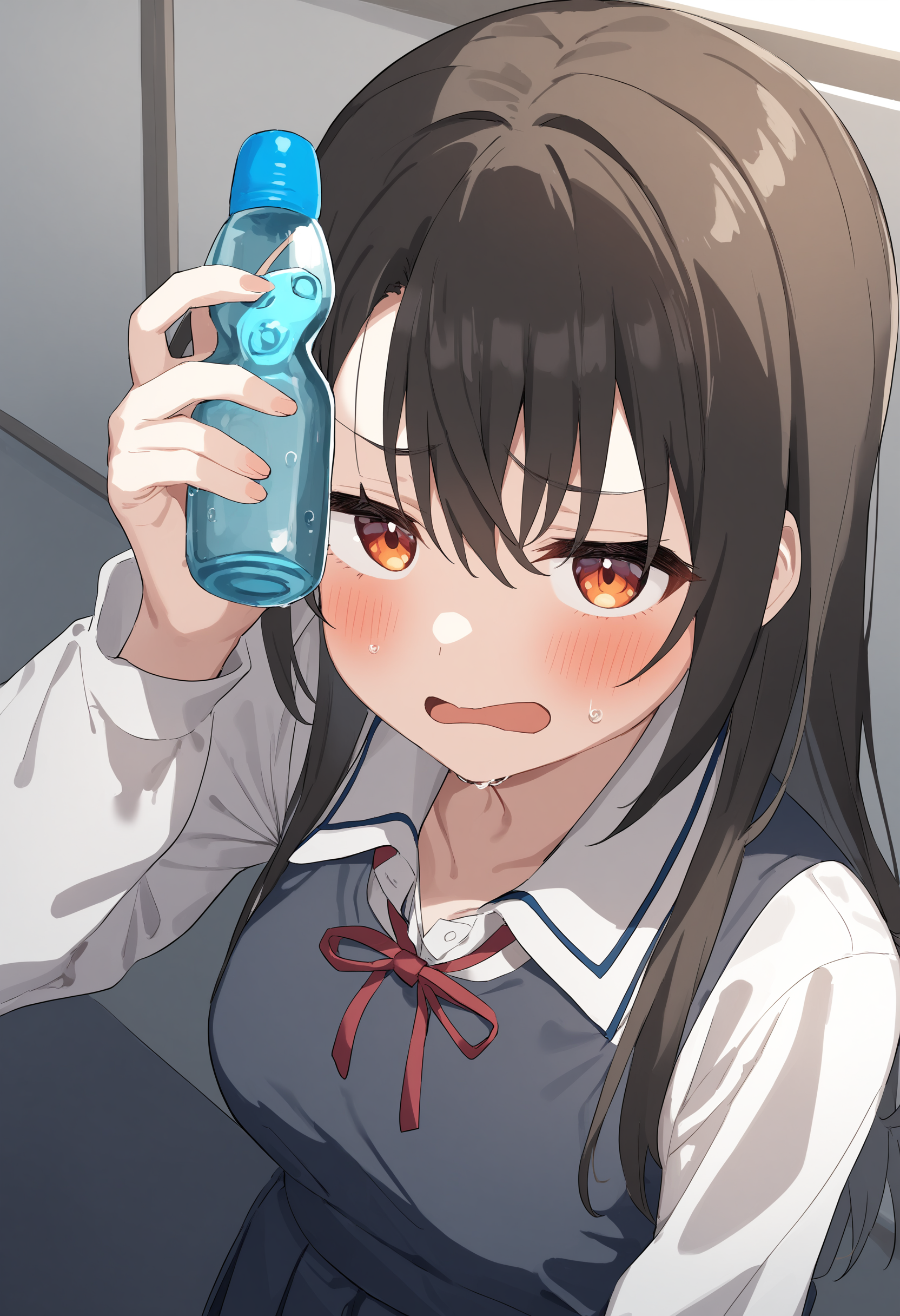 1girl,sincos, ningen mame, toosaka asagi,solo,medium breasts,school uniform,
ramune, holding bottle,<lora:ramune_XL_v1:0.9>
from above, upper body, looking up, brown hair, orange eyes,disappointed, corridor, open mouth,
best quality, very aesthetic, absurdres