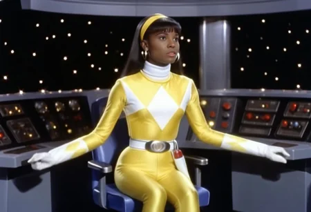 bridge of spaceship Starship Enterprise 1967, Aisha wearing yellow power ranger catsuit, alone, straight hair, yellow hairband, fringe, helmetless, uniform, white turtleneck collar, white gloves belt, holstered weapon, large chunky steel hoop earrings, worried facial expression, sitting square-on, both arms very-outstretched, legs together, looking off-camera, in front of computer console on bridge of spaceship Starship Enterprise, Star Trek television series 1967, hyperdetailed photography