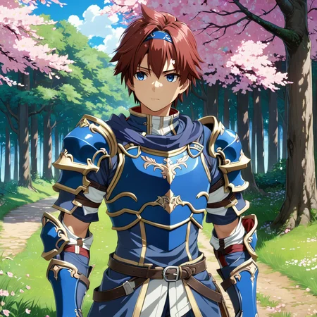 RoySFXL, 1boy, man in forest, <lora:RoySFXL:.95>, headband, cherry blossoms, blue armor, (anime, masterpiece, intricate:1.3), (best quality, hires textures, high detail:1.2), (4k),(incredibly detailed:1.4),UHD, 8K, ultra detailed