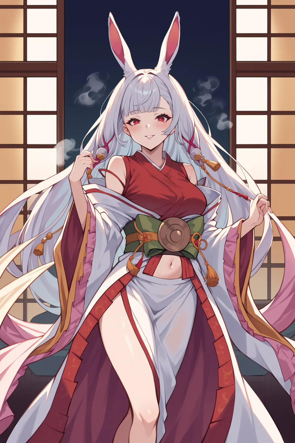 score_9, score_8_up, score_7_up, , rating_explicit,nsfw ,1girl ,red eyes, grey hair, very long hair, low-tied long hair, rabbit ears, braided sidelocks, hair tassel, hair ornaments, sleveless, red kimono, red clothes, tassels, shoulder strap, detached wide sleeves, frilled sleeves, see-through floating shawl, yellow sash, belt bow, navel cutout, long white skirt, overskirt, indoors, source_anime, <lora:KaguraPDCAMEq1v1.1 GBF-000008:1>, cowboy shot, abstract, spotlight, naughty face, alluring, shiny skin, in heat, steaming body ,