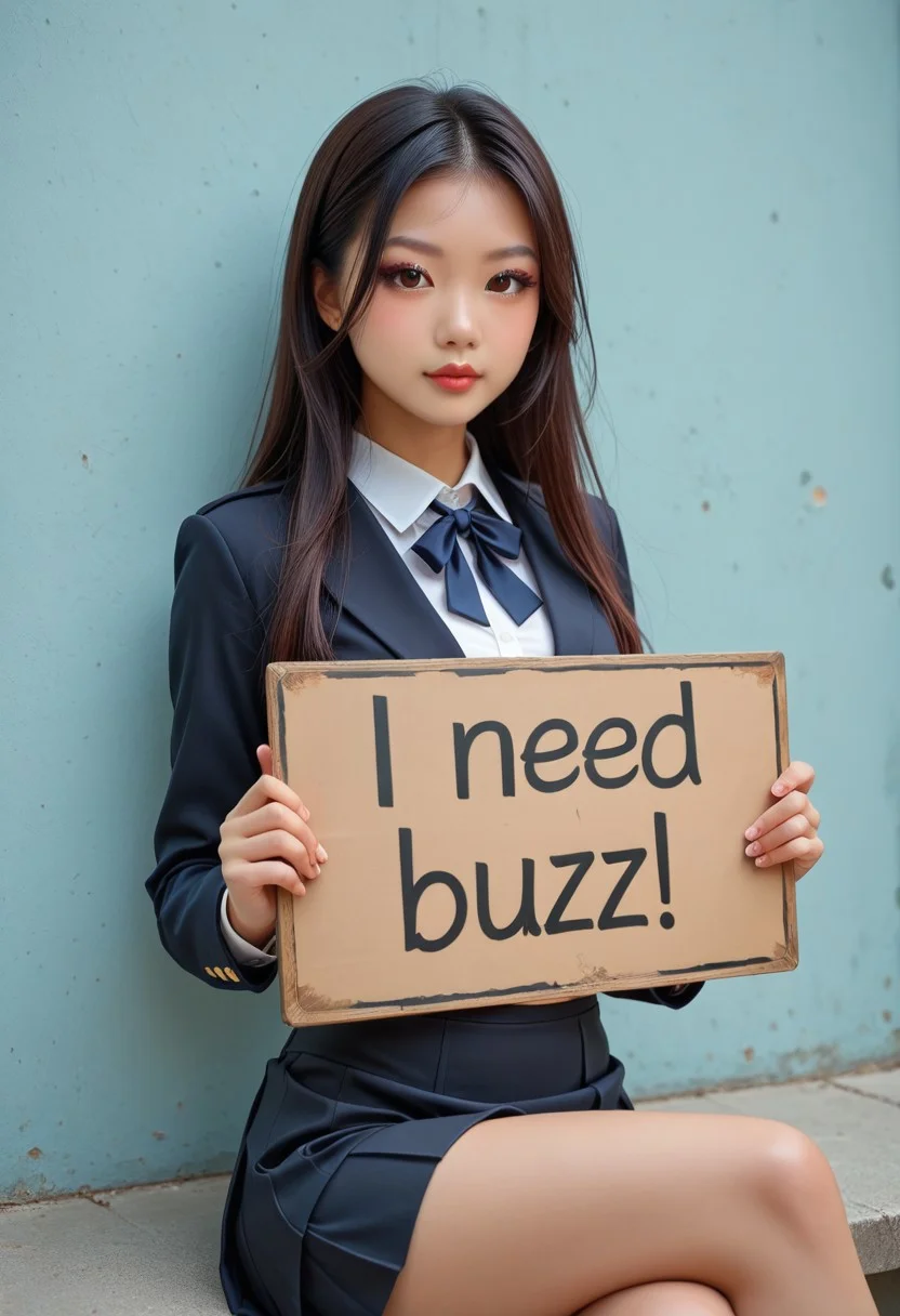 (I NEED BUZZ, holding sign:1.5), holding sign, score_9, score_8_up, score_8, 1 sexy girl, 26yo, Chinese girl, (asian facial features:1.5, reddish brown eyes), perfect hands, black hair, eyeliner, petite body, long hair, in class, small tight breasts, tiny waist, close up, black school uniform, black skirt, sitting, crossed legs