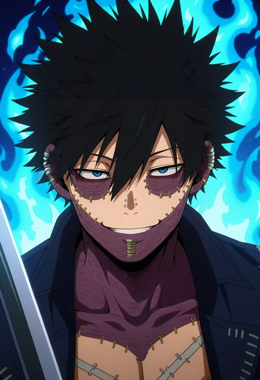 masterpiece, best quality, , anime screencap, anime coloring, official style, , 1boy, solo, male focus, <lora:dabi_bnha_ilxl:0.96>, dabi_bnha, black hair, blue eyes, short hair, spiked hair, hair between eyes, messy hair, bangs, scar, burn scar, scar on face, piercing, ear piercing, stitches, blue fire, upper body, fantasy land, light, holding weapon, naughty smile,