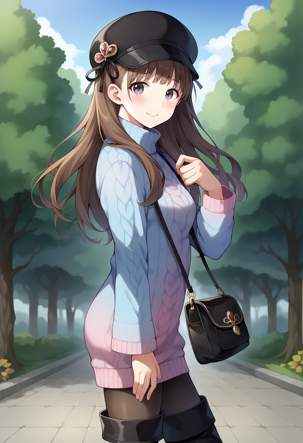 score_9, score_7_up, hd, (ultra hd quality details), source_anime, blurry, park,
solo, 1girl, attotori, brown hair, long hair, hair over shoulder, grey eyes,
totorisa, beret, black headwear, sweater dress, gradient sweater, turtleneck, long sleeves, handbag, pantyhose, thigh boots,
looking at viewer, blush, smile,
from side, standing,
<lora:_totooria_helmold-elesico-ponyD-000011:0.9>