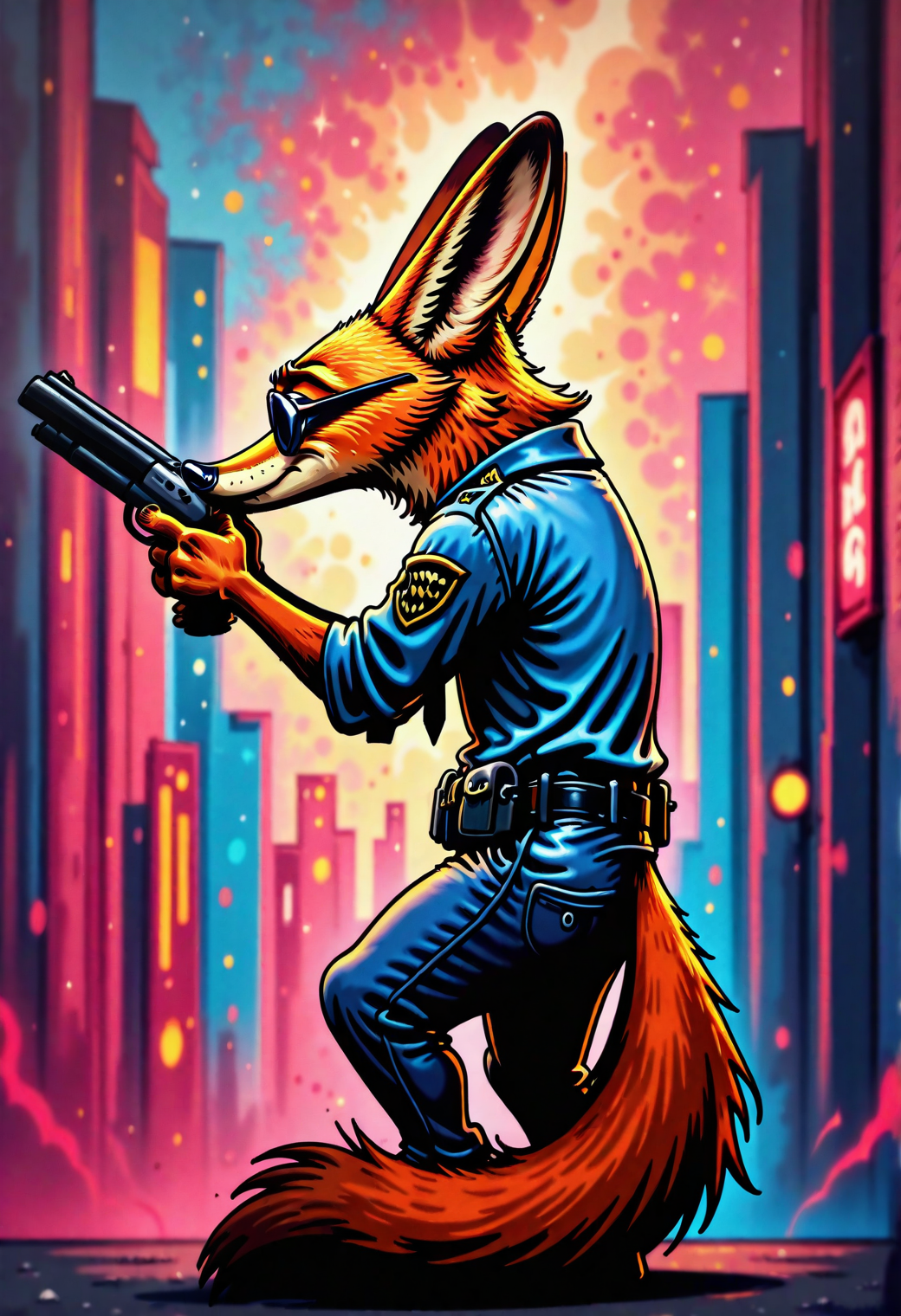 kftgraffiti, masterpiece, best quality, very aesthetic, newest, 2024,  1boy, Nick Wilde (Zootopia), police uniform, holding shotgun, sunglasses, city background, abstract background,