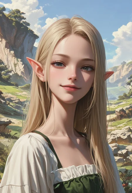 score_9, score_8_up, score_7_up, score_6_up, score_5_up, score_4_up, sharp focus,
focus on tigh,
female elf , long blonde hair,
playful smile,
detailed background, sharp background, japanese landscape painting,
OverallDetail,
