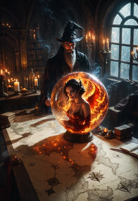 In the dim, flickering light of his foreboding tower, a dark wizard stands over a table littered with artifacts of power. A massive, hand-drawn map sprawls before him, etched with cursed symbols and routes to mystical lands he plans to claim. At its center, a glowing glass orb rests, swirling with a smoky, crimson mist, holding a seductive female demon within. Her form shifts and undulates like a shadow, her striking eyes gleaming with cunning as she watches the wizard, her lips curled in an amused smile.  She reclines within her glass prison, draped in ethereal, flame-like tendrils, her gaze locked onto the wizard as he outlines his dark plans, each word sparking intrigue in her eyes. The orb pulses in sync with her voice, a low, sultry tone that fills the air with dark promises and veiled schemes. As he speaks, she listens intently, her expression a mix of amusement and hunger, subtly guiding his ambitions with whispered temptations of greater power and victory.  Around them, enchanted relics, ancient spellbooks, and smoldering incense add to the atmosphere, shadows leaping on the walls with each flicker of candlelight, amplifying the roomâs dark, intoxicating energy. In his lust for domination, the wizard doesnât see the danger in her smileâa hunger that could consume worlds alongside him.  (1girl, succubus, focus on girl, 1man, looking a each other, side view, close up:1.2)   realistic, photograph, (masterpiece), 8k quality, (detailed eyes:1.2), (highest quality:1.1), highly detailed, top quality, best quality, (intricate details:1.1), extremely beautiful, elegant, majestic, nsfw, uncensored<lora:SDXLFaeTastic2400.safetensors:0.3:0.3> <lora:world_glass-000004.safetensors:0.4:0.4> <lora:Magical_Parchment_v2.safetensors:0.4:0.4>