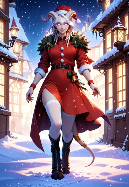 (absurdres, best quality, masterpiece:1.4), score_9, score_8_up, score_7_up, score_6_up, detailed, detailed body, detailed face, world of warcraft, fantasy, <lora:add-detail-xl:1.5>, 

fFaceDetail, ((female, draenei, tall, athletic arms, pale white skin, long white hair, purple eyes, no sclera, long white tail), (h0rns, ram horns, white horns), 
(long fingers, gold fingernails, gold nail polish)), 

alone, upper body, standing, looking toward viewer, soft smile, holding a present towards the viewer, 

Red santa dress with a white fur trim, red santa hat with a white fur trim, black belt with a gold buckle, black knee high boots, White thigh high socks

depth of field, evening, outdoor, harbour, snowing, light snow
