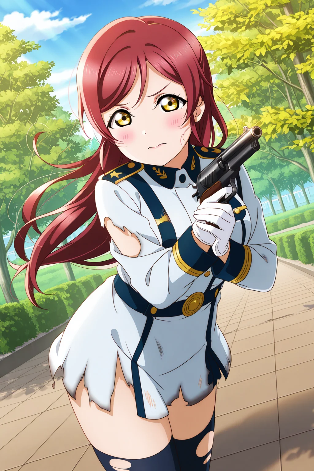 <lora:Love_Live:1>, Love Live, 1girl, red hair, solo, weapon, gun, torn clothes, gloves, yellow eyes, holding weapon, holding, blush, white gloves, looking at viewer, holding gun, long hair, uniform, thighhighs, outdoors, military uniform, tree