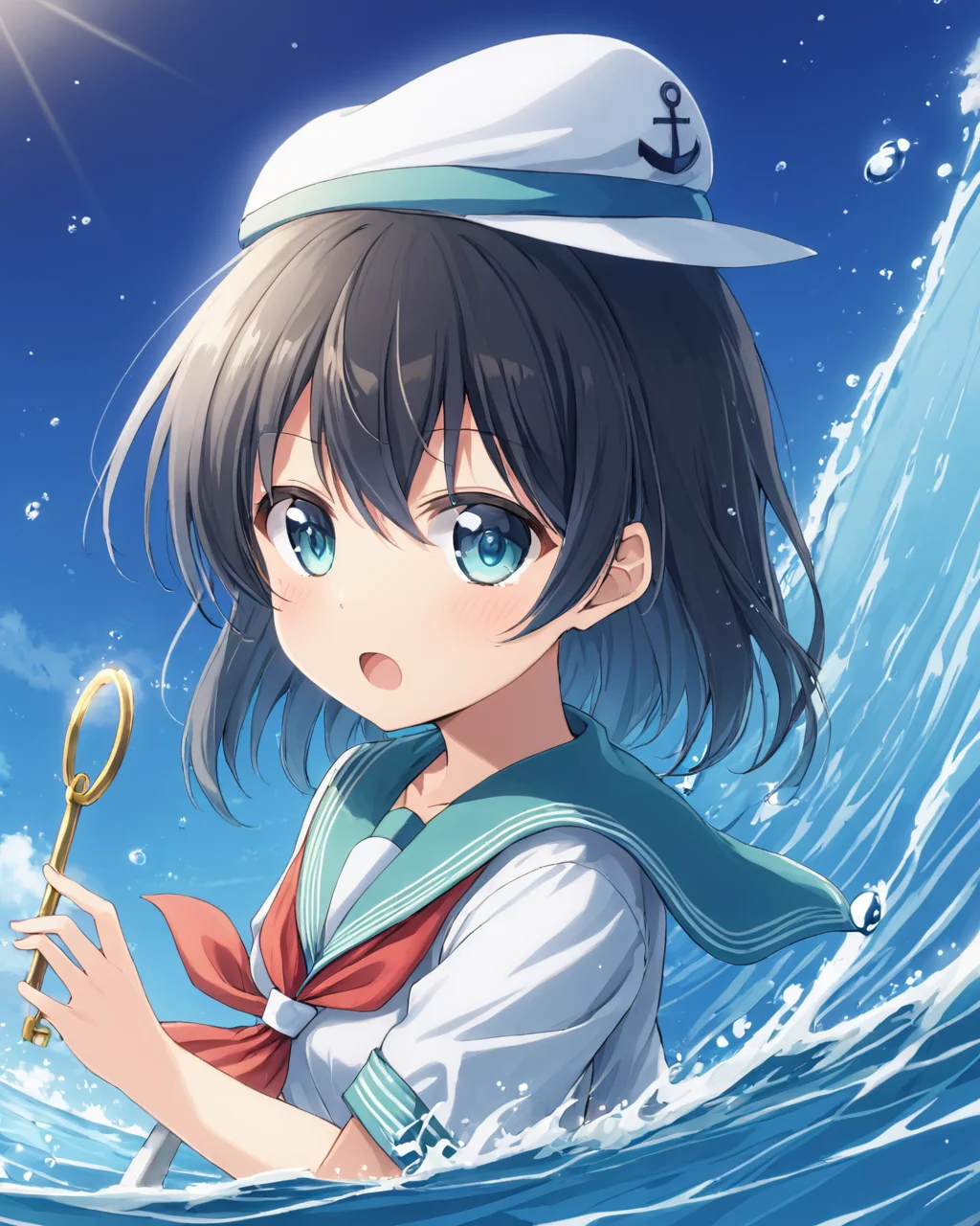 murasa minamitsu,1girl, solo, water, open_mouth, sailor, sailor_hat
<lora:murasa_minamitsu_image2637_2023-12-20-000008:1>,star-shaped_pupils,symbol-shaped_pupils,. gorgeous,key visual, vibrant, studio anime,award-winning, professional, highly detailed,high budget, cinemascope