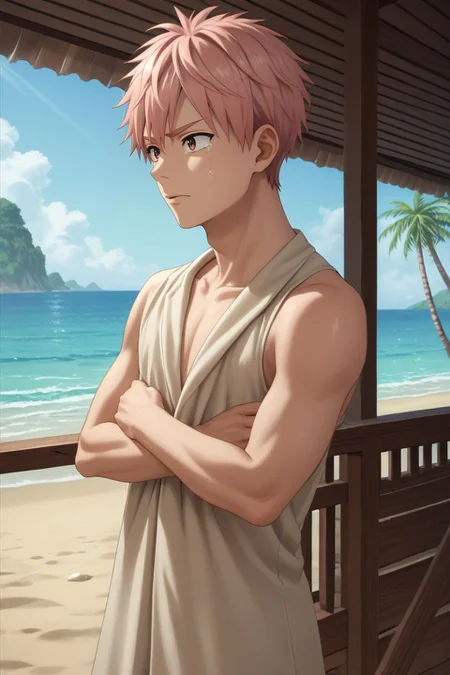 score_9, score_8_up, score_7_up, source_anime, rating_safe, intricate details, (realistic:0.6), , , 1boy, solo, male focus, <lora:shion_asuma_pony:0.76>, shion_asuma, pink hair, brown eyes, short hair, panorama, beach, palm tree, towel, indoors, floating, tearing up, zombie costume, <lora:sdxl_lightning_8step_lora:1>