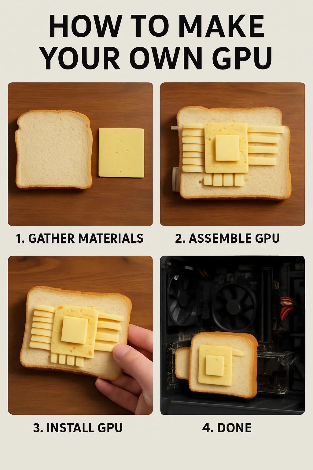 Tutorial for making your own GPU using bread and cheese, and installing it in your computer