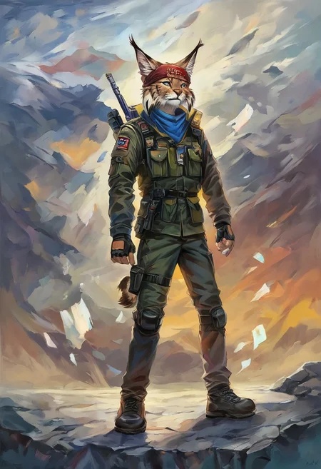 Score 9, Score_8_up, Score_7_up, ng_deepnegative_v1_75t, negative_hand, charturnerv2, knee-deep portrait of adult male, banners, starship, high technology, shirt, fingerless gloves, soldier uniform,, , anime, Arknight provens, detailed background, cyberpunk, bandana, facemask, furry, lynx species, lynx tail, lynx ears
