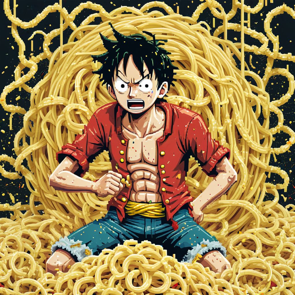 Pixel art, 8-bit style, character like Luffy (One Piece) looking frustrated, tangled in a giant net of pixelated noodles, food fight chaos, cartoony exaggerated features, limited color palette, pixelated food splatters on the background, retro arcade vibe