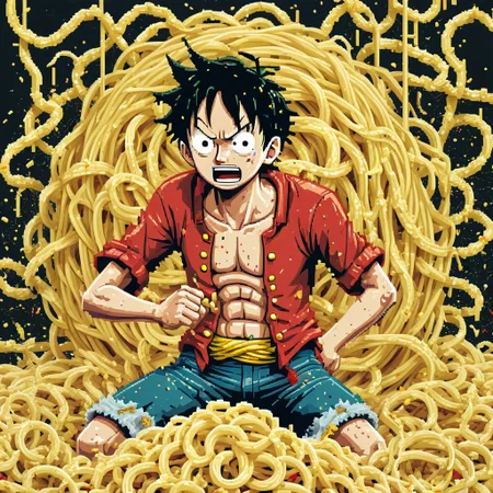 Pixel art, 8-bit style, character like Luffy (One Piece) looking frustrated, tangled in a giant net of pixelated noodles, food fight chaos, cartoony exaggerated features, limited color palette, pixelated food splatters on the background, retro arcade vibe