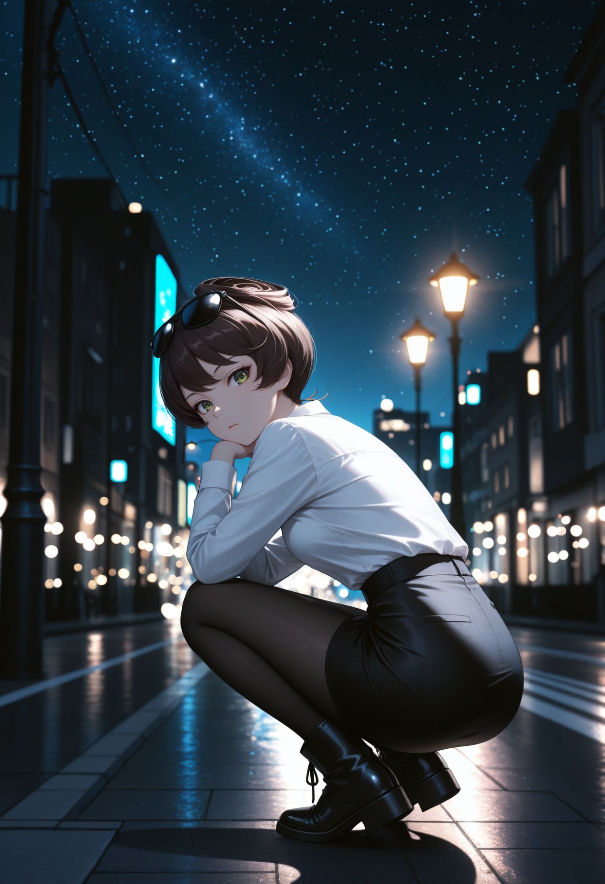 masterpiece,best quality,absurdres,highres,very aesthetic,high quality,detailed,insanely detailed,beautiful,perfect lighting, ,depth of field,blurry background,bokeh, looking at viewer, 
 <lora:Hosomi Shizuko  illu:1> 1girl, short hair, green eyes, brown hair, long sleeves, 
shirt tucked in, sunglasses on head, white shirt, long sleeves, black skirt, black pantyhose, black boots,
from behind, squatting, elbow rest, looking back, ass,
outdoors, city, night, street lamp, light rays, starry sky, dark theme, wide shot, from side, from behind, dim lighting,