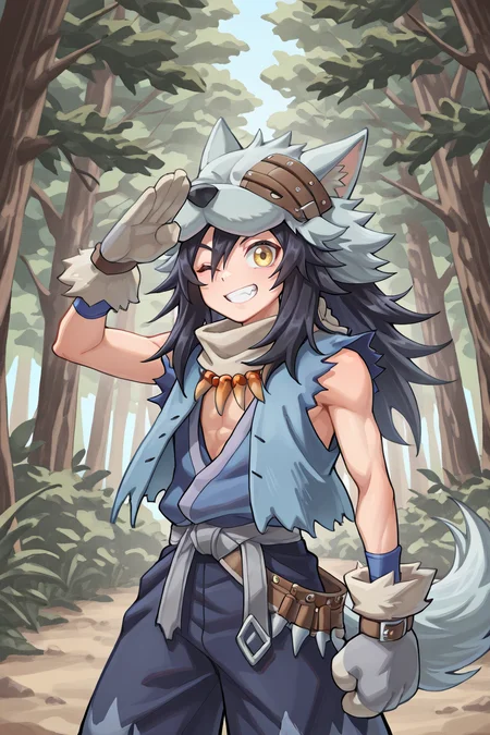 <lora:FlunkyIL:0.8> , fludef, 1boy, black hair, long hair, yellow eyes, wolf hat, wolf hood, wolf pelt, wolf tail, grey scarf, bandana around neck, necklace, tooth necklace, fur trim, blue vest, torn clothes, paw gloves, sandals, cowboy shot, (salute), one eye closed, rascal, exterior, forest, smile, solo, masterpiece, very aesthetic, absurdres, best quality, amazing quality, high resolution, detailed background, <lora:illustrious_quality_modifiers_masterpieces_v1:0.8> , <lora:ChamIllustriousBackgroundEnhancer:0.5>