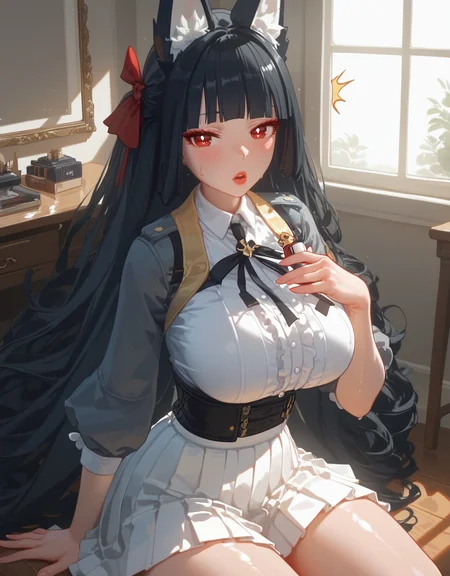 (score_9,score_8_up,score_7_up), masterpiece, best quality, Expressiveh, 1girl, red eyes, (red eyelashes), white pupils, blunt bangs, (fox ears:1.2), (cute face), side brides, (black hair), (very long hair), light pink lips, wavy hair, (perfect hands), shiny skin, sweat body, oily skin, big breasts, wide hips, thick thighs, (cinematic light:1.2), volumetric lighting,
zzzmiyabi, frilled shirt, grey shirt, hair bow, big hair bow, white skirt, pleated skirt,
expressionless, blush, (looking at viewer), (surprised), open eyes, open mouth,
room, sitting, sunny, sunlight, sunset, in front of a mirror, window, horizon,
lipstick, holding lipstick tube,
<lora:Expressive_H:0.8>, <lora:zzzmiyabi.pony:0.85>, <lora:AIã¤ã©ã¹ããããã:0.65>, <lora:zy_Detailed_Backgrounds_v1:0.55>,