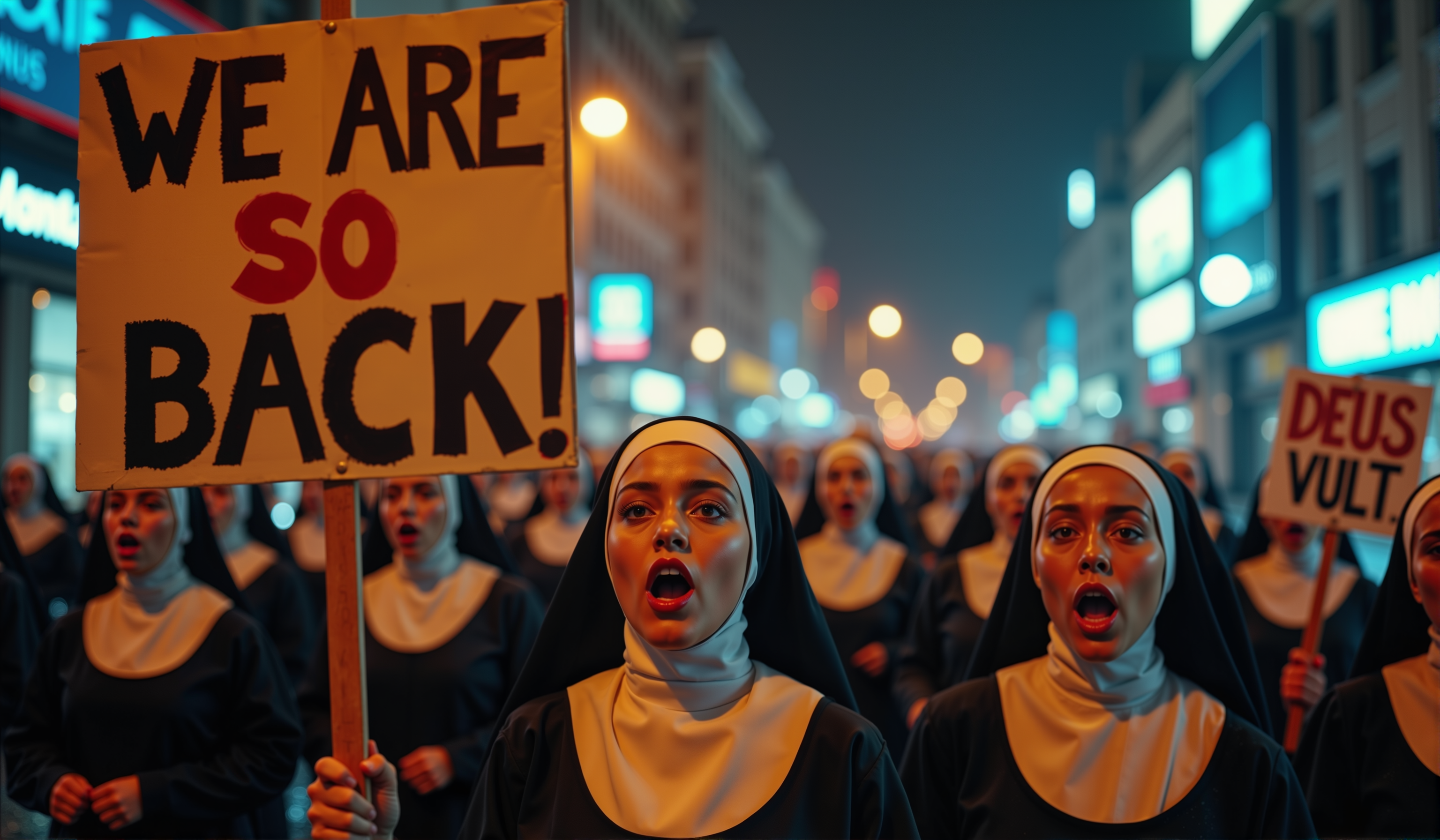 "WE ARE SO BACK" in bold black text, with the word "SO" in striking red paint, prominently displayed on a protest sign held high. Another sign beside it reads "DEUS VULT" in defiant,painted capitalized letters. A group of young nuns marches through a dimly lit city street at night, their faces illuminated by flickering streetlights and the neon glow of nearby signs. Their expressions are fierce and determined, eyes fixed forward as they chant in unison. The night air is thick with mist, amplifying the cityâs ambient glow, while silhouettes of towering skyscrapers loom in the distance. Rain-slick pavement reflects the warm hues of the streetlights, creating a cinematic, almost ethereal atmosphere. The scene is charged with intensity, a fusion of faith and conviction manifesting in their resolute march.<lora:KFT_HLA_V2_FLUX.safetensors:0.5:0.5>