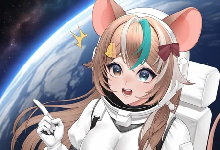 ((masterpiece, best quality, absurdres, highres, newest, very aesthetic, extremely detailed, very away, year 2025, detailed background, perfect anatomy, surreal)),detailed ,<lora:xmc_v0.3_noobai_cwhj_946906:0.8>,<lora:illustrious_best_quality_v1_1021798:0.8>,<lora:add-detail-xl:0.9>, break,<lora:Nastra_Moonlight_Vtuber:0.8>,nastraillusv1,1girl,solo,animal ears, breasts,brown hair,streaked hair,multicolored hair,long hair,mouse ears, mouse tail,white hair,heterochromia,hair ornament,bangs,blue eyes,virtual youtuber, anime coloring, Weightlessness, cosmic background, space dress, space costume, spacesuit, Spacesuit helmet, flying in cosmic, surprised face, Points with finger,