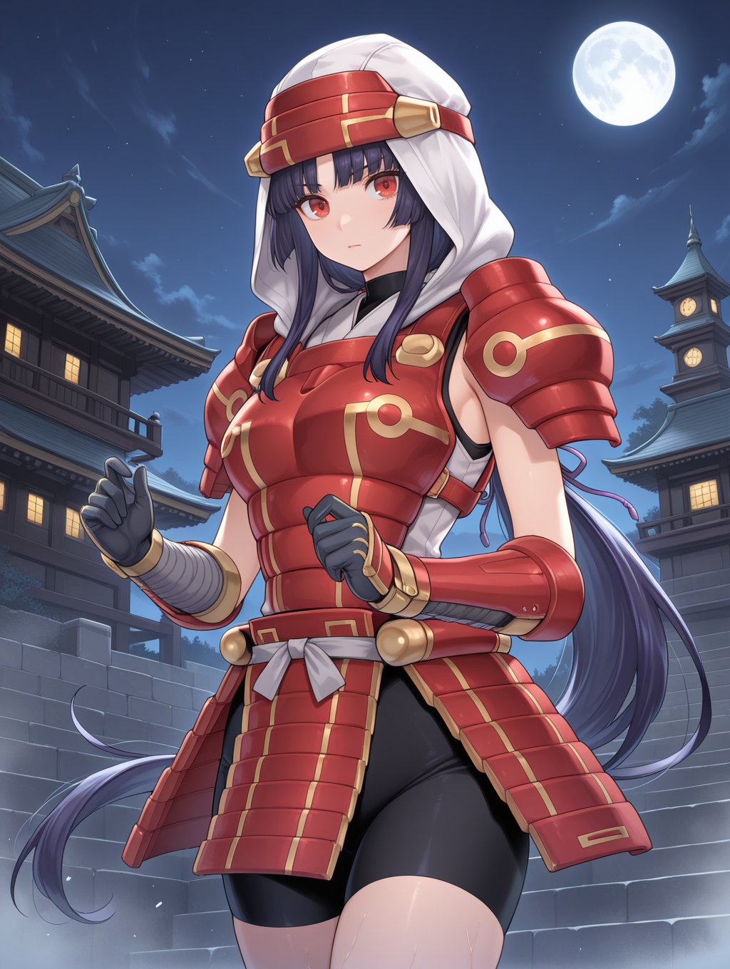 ,castle,east asian architecture,night sky,legendary six samurai - mizuho, solo, looking at viewer, closed mouth, red eyes, cowboy shot, hands up, 1girl, low ponytail, red armored gloves, red armored skirt, black shorts, white hood, red breastplate, red shoulder armor, white shirt, purple hair ribbon,
masterpiece,best quality,amazing quality,very aesthetic,absurdres,newest,<lora:Legendary Six Samurai - Mizuho illuXL v1:0.75>,