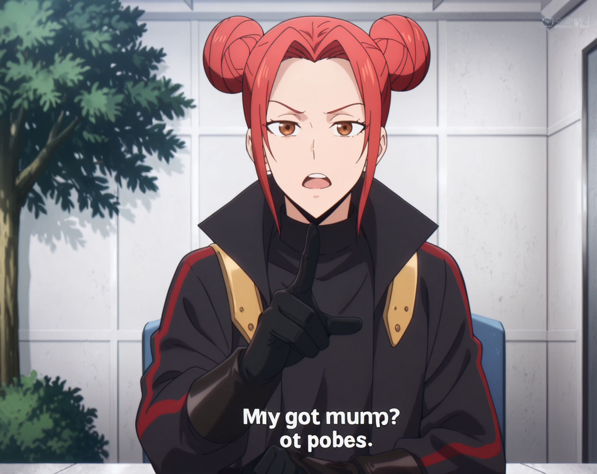 masterpiece, best quality, newest, absurdres, highres, detailed eyes, beautiful, detailed background, perfect eyes, anime coloring, anime screencap,
<lora:My_dad_got_the_MVP:0.7>My dad got the MVP,
Look for your own problems,pointing with one finger,open mouth, 
1boy,male focus,indoors, sitting, parody,solo,looking at viewer,
look for your own problems,pointing with one finger,talking, serious, 
<lora:Akari_Shimizu:0.8> outdoors, tree, akari2, hair bun, double bun,red hair,smug, brown eyes, black gloves,