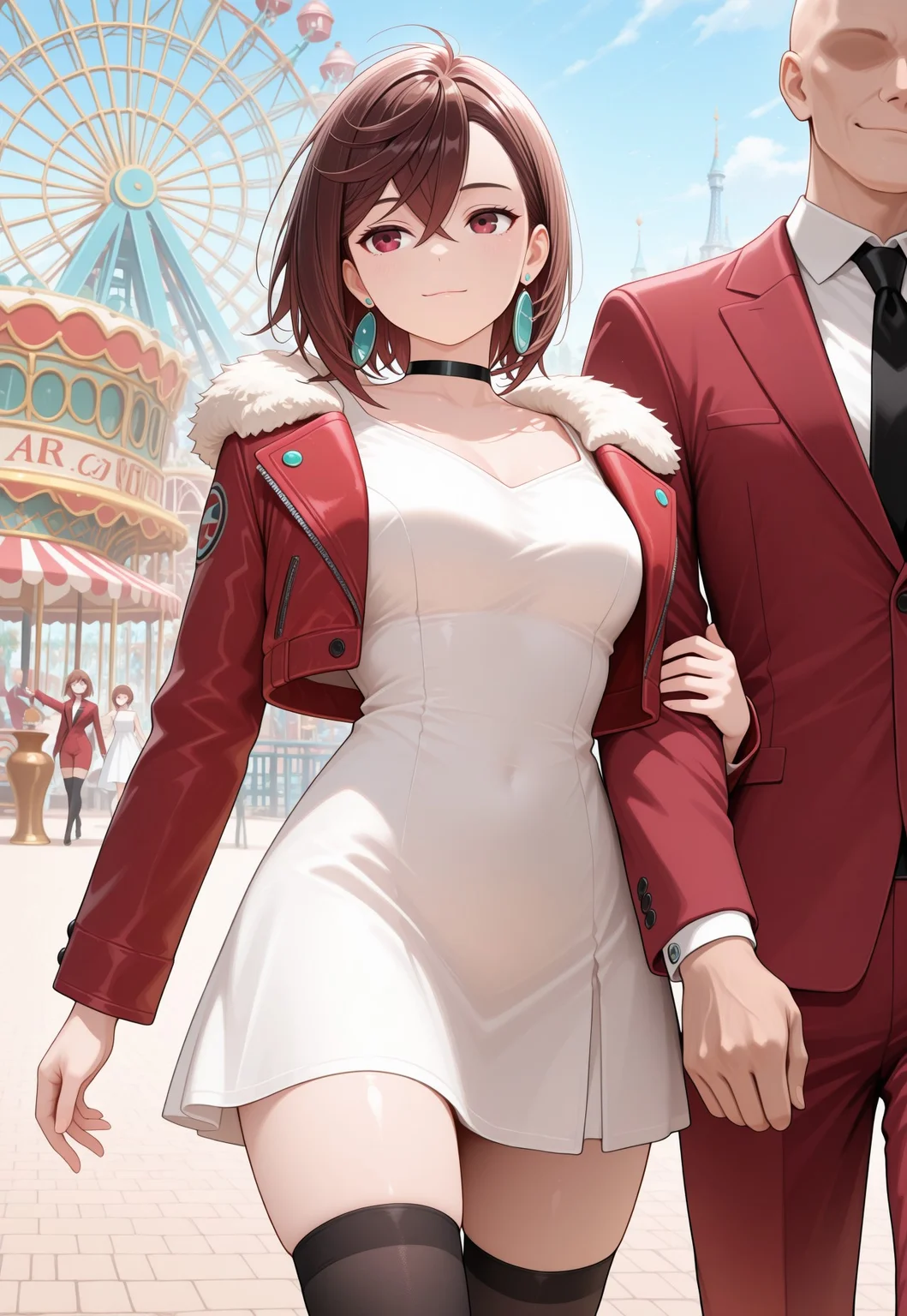 masterpiece, best quality, amazing quality, depth of field, highres, masterpiece, best quality, detailed background, cinematic lighting, volumetric lighting, Fixhand, detailed, , girl hooks her arm around the boy’s arm, amusement park, walking, 1girl, 1boy(Red suit), hetero, light smile, facing viewer, j4cket, cropped jacket, red jacket, black choker, white dress, red details, short dress, fur trimmed jacket, long sleeves, black thighhighs, open jacket, ayasemomo, brown hair, short hair, hair between eyes, crossed bangs, black choker, earrings, brown eyes, red eyes, faceless bald man, official style