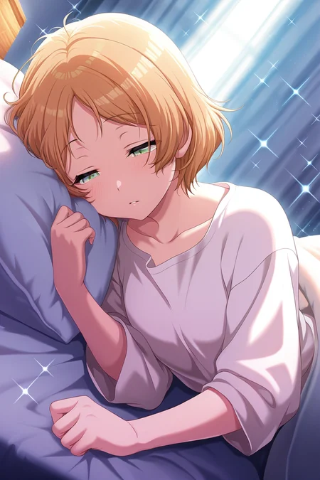 masterpiece, best quality, amazing quality,
 <lora:Miiko_IL:1> miiko, 1girl, green eyes, solo, lying, pillow, short hair, on side, on bed, bed, curtains, half-closed eyes, indoors, collarbone, shirt, under covers, white shirt, sparkle
