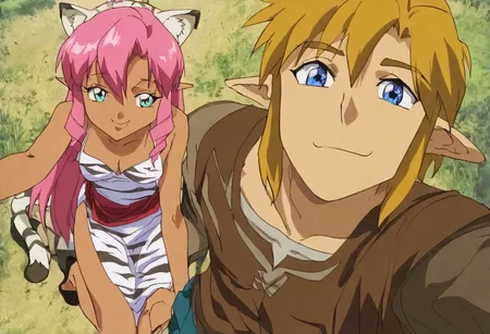 Pink_DragonPink, 1girl, sleeveless dress, white tiger print dress, pelvic curtain, cleavage, white tiger tail, red sash, small breasts, leather shoes, masterpiece, very aesthetic, cute expression <lora:pink-illustrious:1>, 
Break
(anime, anime coloring:1.3),1boy,Anime screencap,link (zelda),blonde hair,blue eyes,pointy ears, wearing blue hyilian tunic, 
Hyrule castle, castle gate, right in front of castle gate, selfie, couple, 1girl,1boy, smile, stars, hugging, dragonpink and link upper bodies in frame, smiling at each other