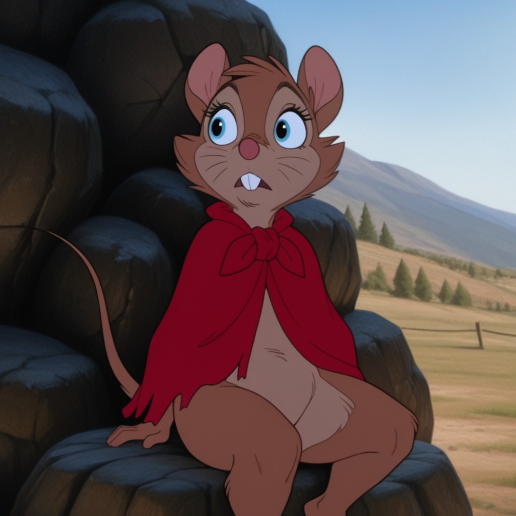 masterpiece, best quality, amazing quality, BrisbyNIMHIL, semi-anthro, female-mouse, brown fur, blue eyes, whiskers, buck teeth, red cloak, torn clothes, outside, sitting, on a rock,, <lora:be9381ea-ad71-48cb-b1f6-f250268e3dda:1.0>