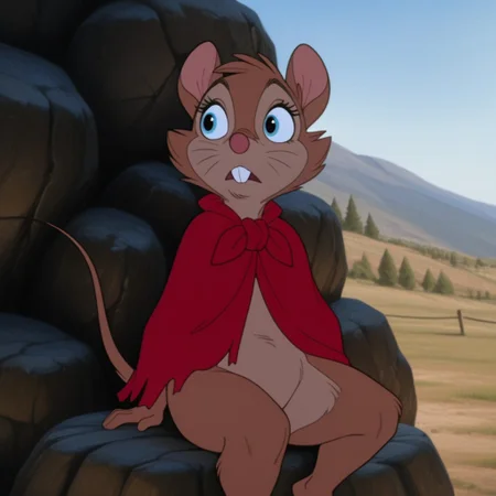 masterpiece, best quality, amazing quality, BrisbyNIMHIL, semi-anthro, female-mouse, brown fur, blue eyes, whiskers, buck teeth, red cloak, torn clothes, outside, sitting, on a rock,, <lora:be9381ea-ad71-48cb-b1f6-f250268e3dda:1.0>
