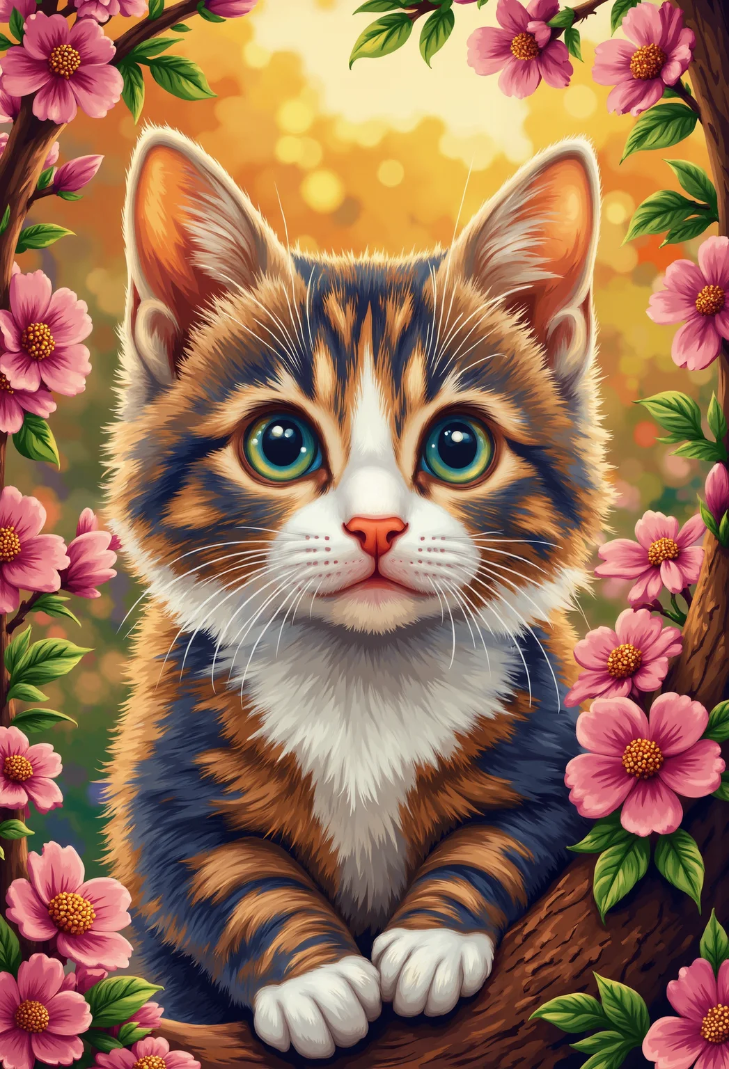 a beautiful cat sitting on a tree with pink flowers, beautiful evening mood