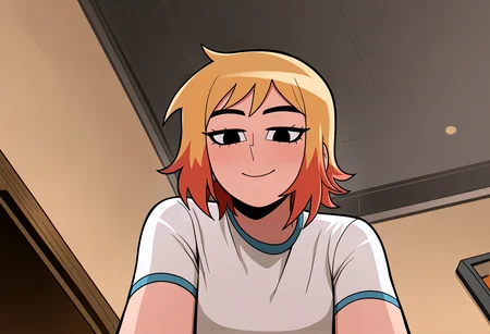 very awa, masterpiece, best quality, year 2024, newest, highres, absurdres, <lora:age_slider_v4:3> <lora:thicc_v1.4-pony:1.2>,detailed_background,indoors,clip studio paint \(medium\),scott pilgrim \(series\),colored tips,multicolored hair,solo,ramona flowers,official style,kyneonpy,1girl,looking down,closed mouth,smile,short sleeves,shirt,short hair,upper body,white shirt,blonde hair,scott pilgrim takes off,looking at viewer,black eyes